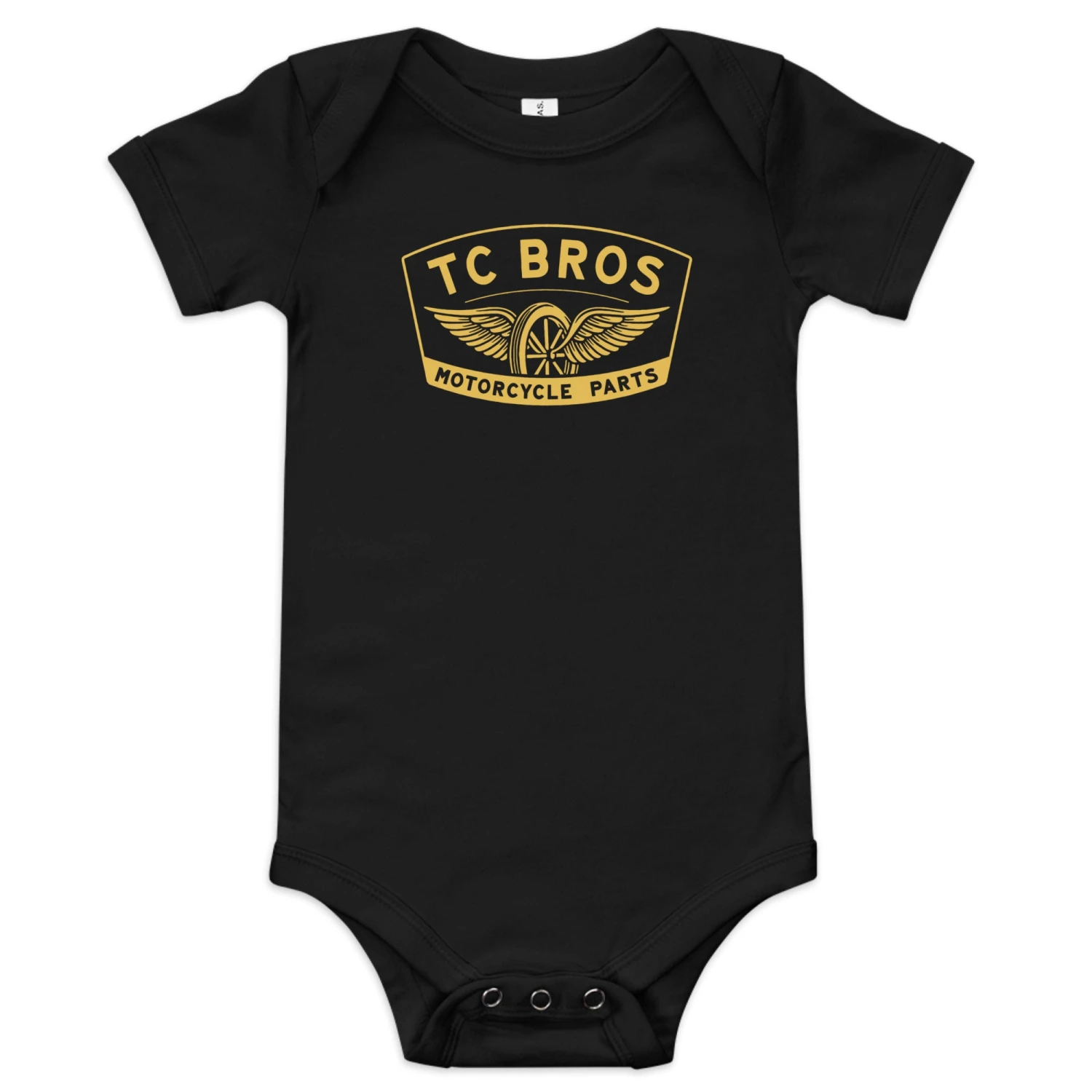 Baby Short Sleeve One Piece - Winged Wheel - Black/Gold 3 Baby Short Sleeve One Piece - Winged Wheel - Black/Gold